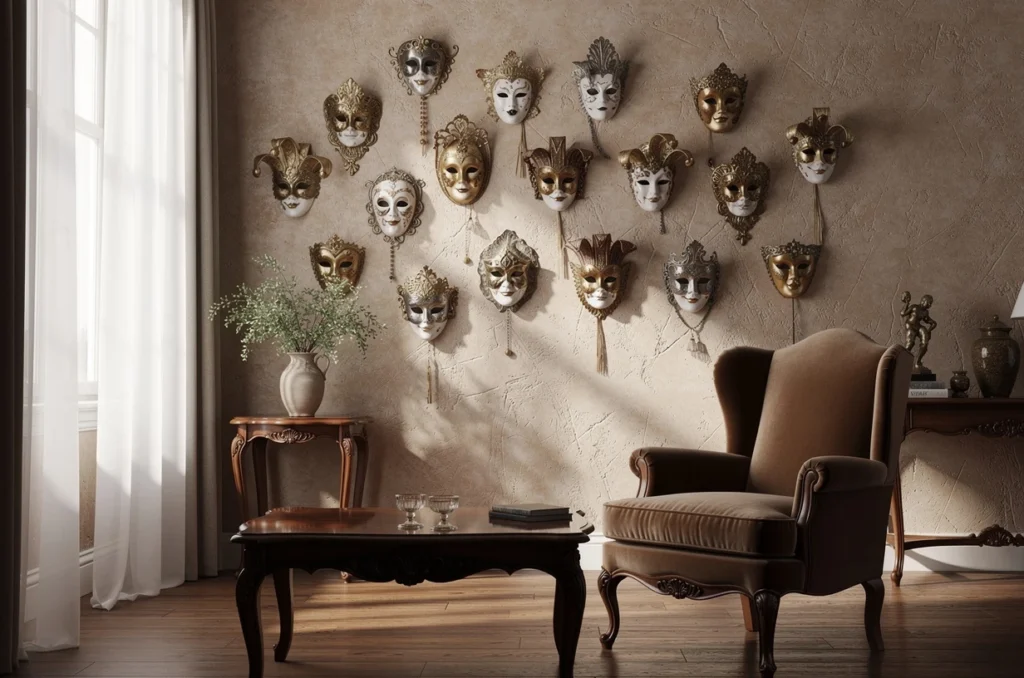 Le mur des mystères : mettre en scène des masques vénitiens dans un salon élégant
