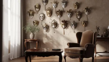 Le mur des mystères : mettre en scène des masques vénitiens dans un salon élégant