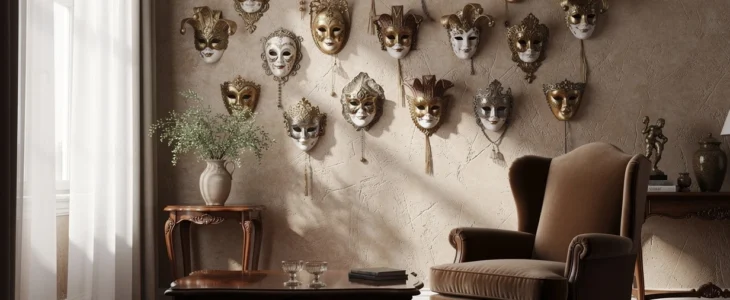 Le mur des mystères : mettre en scène des masques vénitiens dans un salon élégant