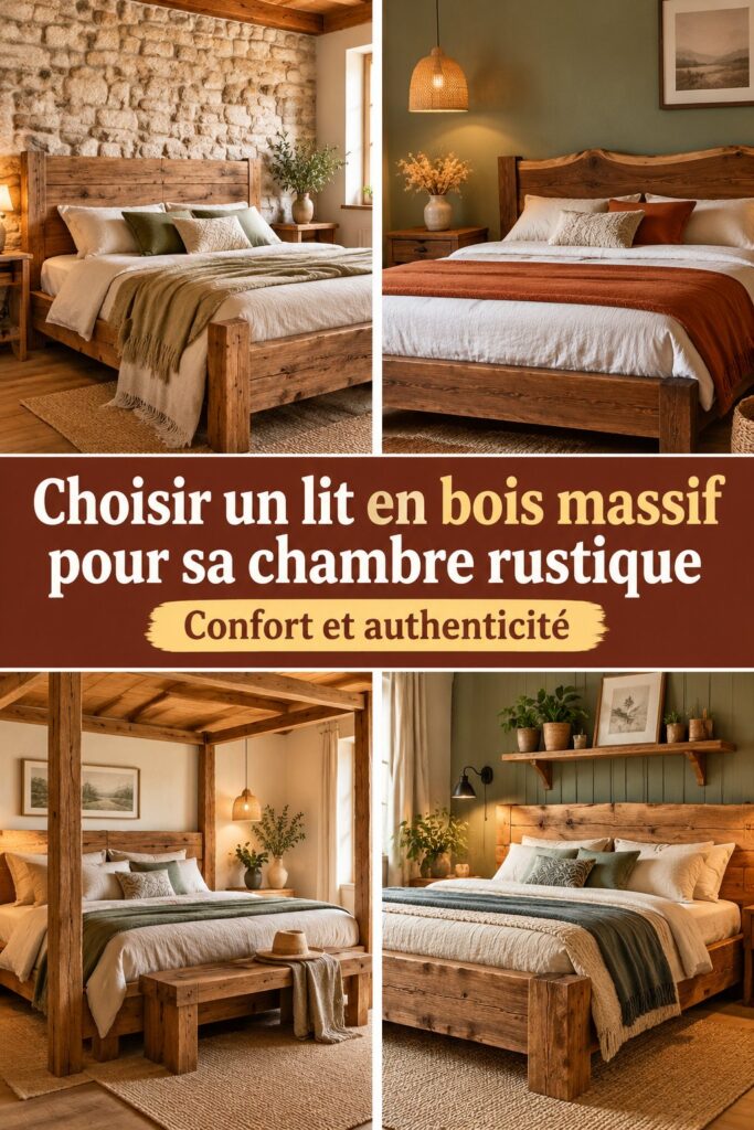 Un lit en bois massif dans une chambre rustique chaleureuse