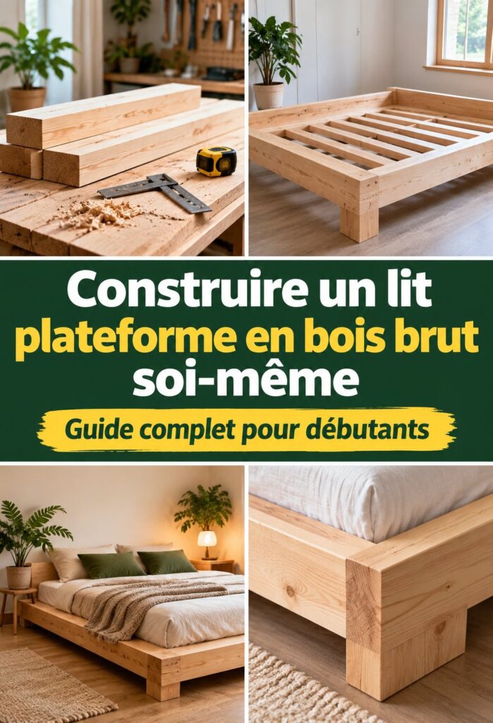 Lit plateforme en bois massif réalisé soi-même dans une chambre moderne
