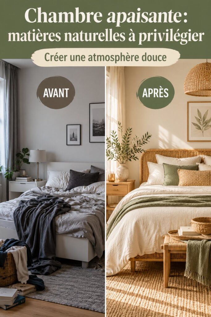 Chambre décorée avec des matériaux naturels tels que le bois et le lin, créant une ambiance apaisante.