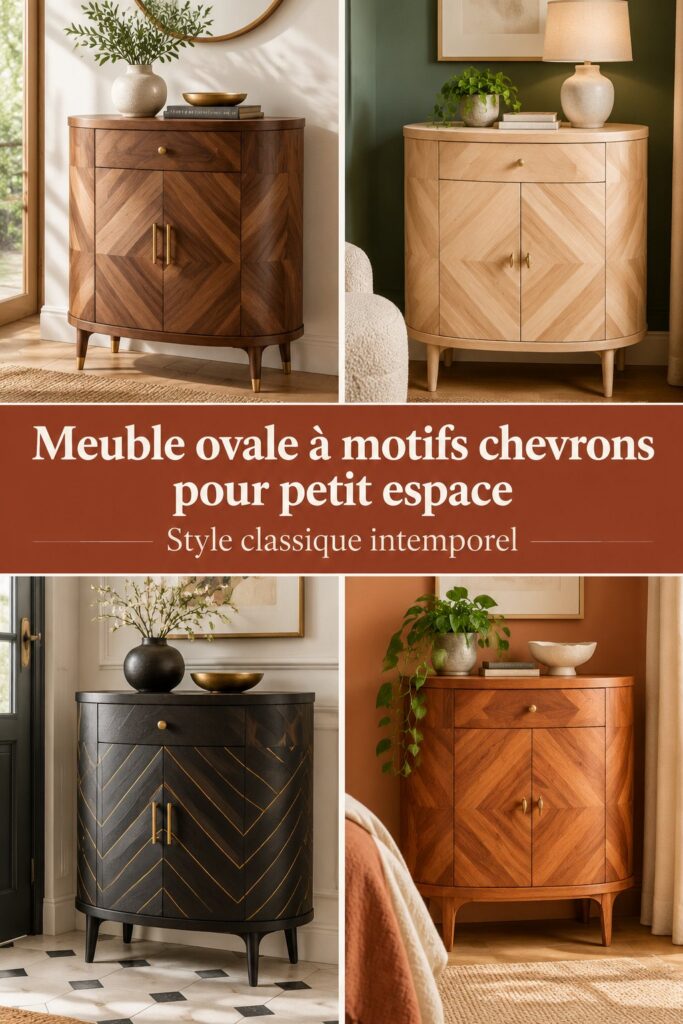 Meuble ovale en bois à motifs chevrons, idéal pour petit espace