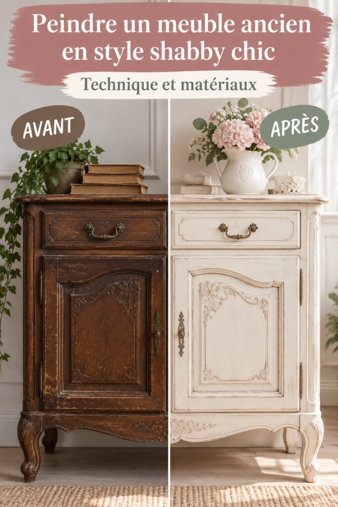 Un meuble ancien rénové en style shabby chic avec une peinture claire et des finitions usées.