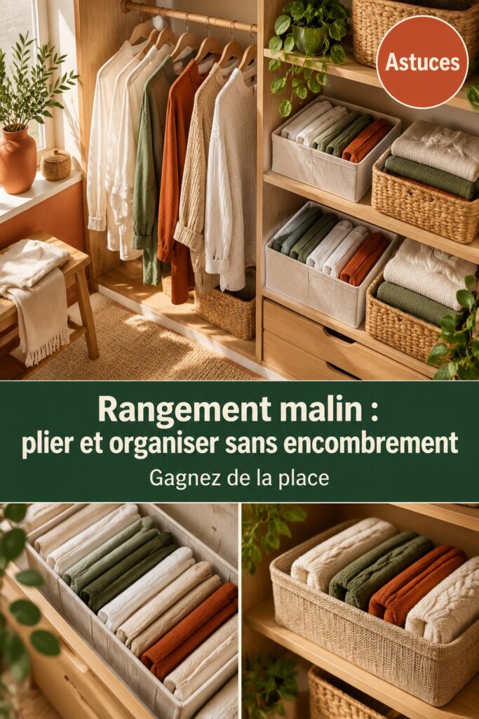 Un espace rangement bien organisé avec des vêtements pliés efficacement