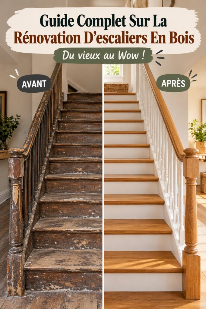 Un escalier en bois rénové avec soin, mettant en avant l'esthétique et la qualité du bois.