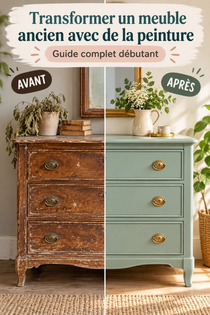 Un meuble ancien en bois peint en couleur vive sur un fond neutre, montrant un exemple de transformation.